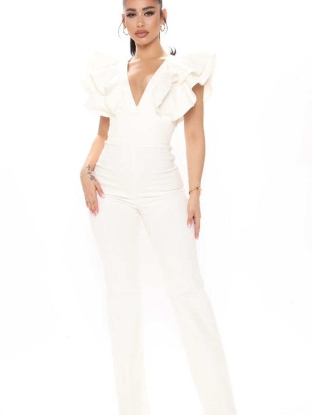 Fashion Nova White Ruffle-Sleeve V-Neck Jumpsuit